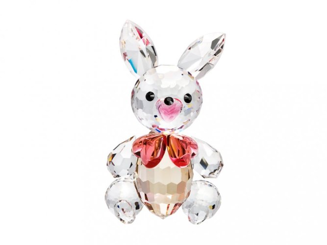 Skleněná figurka Zajíček s mašlí, srdcem z českého křišťálu Preciosa, růžová