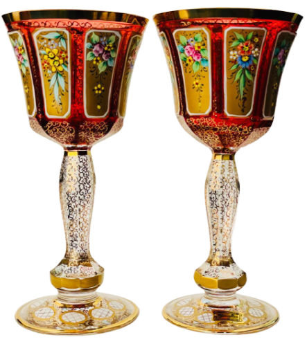 Barevně dekorované lištované sklenice na víno - set 2ks - Výška 20cm/190ml