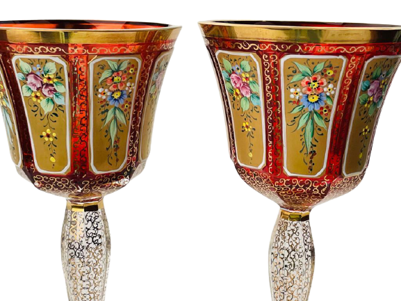 Barevně dekorované lištované sklenice na víno - set 2ks - Výška 20cm/190ml