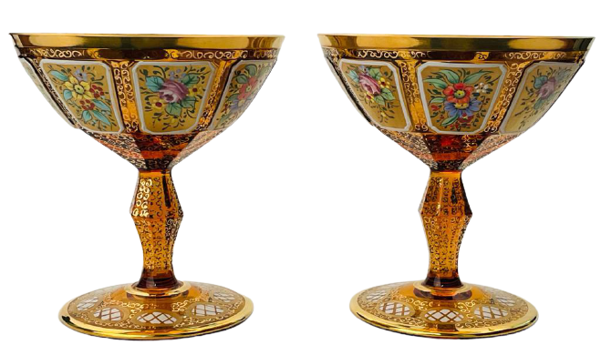Barevně dekorované lištované sklenice na šampaňské - set 2ks - Výška 11cm/140ml