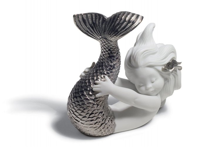 Playing at Sea Mermaid Figurine. Silver Lustre