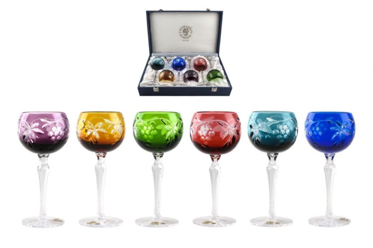 Barevné broušené sklenice na víno - set 6ks - Výška 20cm
