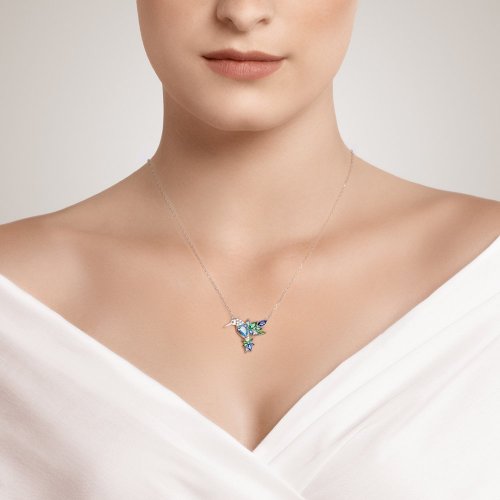 stříbrný náhrdelník Gentle Gem, kolibřík, kubická zirkonie, modrozelený