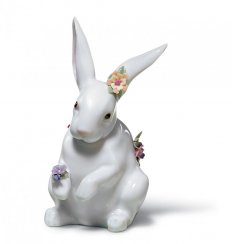 Sitting Bunny with Flowers Figurine