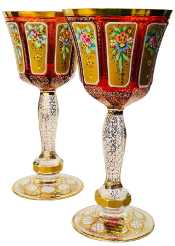 Barevně dekorované lištované sklenice na víno - set 2ks - Výška 20cm/190ml