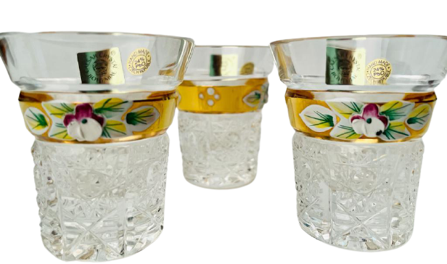 Gold plated cut crystal shot glasses - set of 6pcs - Height 6cm/45ml