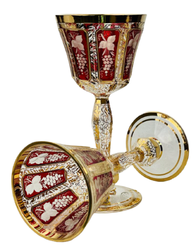 Barevně dekorované lištované sklenice na víno - set 2ks - Výška 18cm/140ml