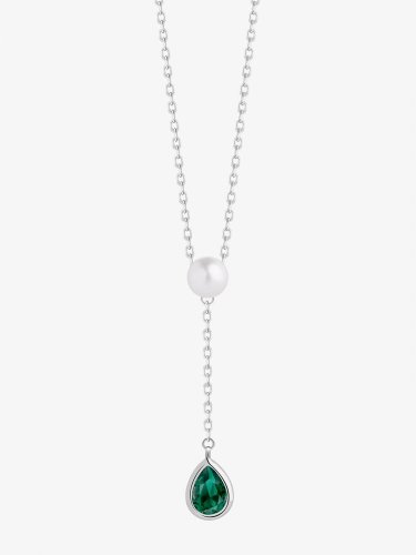 Stříbrný náhrdelník Pure Pearl s říční perlou a kubickou zirkonií Preciosa, emerald