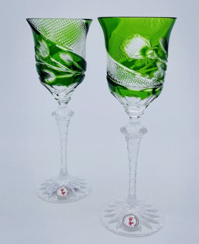 彫刻入り高級ワイングラス（グリーン）2個セット :: Erpet Crystal
