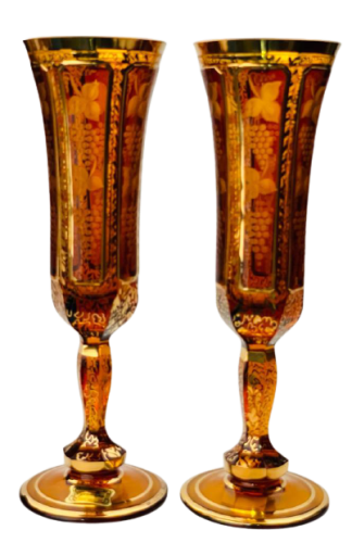 Barevně dekorované lištované sklenice na šampaňské - set 2ks - Výška 22cm/140ml