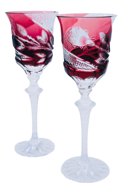 彫刻入り高級ワイングラス（ルビー）2個セット :: Erpet Crystal