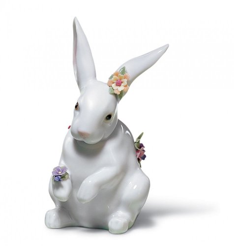 Sitting Bunny with Flowers Figurine