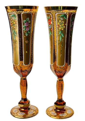 Barevně dekorované lištované sklenice na šampaňské - set 2ks - Výška 22cm/140ml
