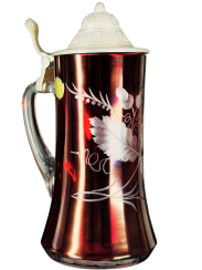 Korbel s cínovým víkem rubínovou lazurou a rytým motivem žaludy